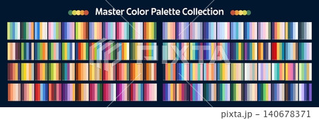 Neutral, cool and warm color harmony palette swatches with numbers. Professional color palette collection features numerous thin vertical swatches. Color guide for graphic design or interior projects 140678371