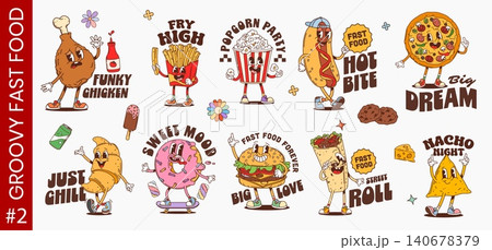 Y2k groovy funky fast food characters stickers and patches. Smiling retro comic snacks chicken drumstick, fries, popcorn and hotdog, pizza, burger and donut. Ice cream popsicle, croissant and burritoV 140678379
