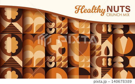 Nuts and beans modern geometric seamless patterns. Vector tile backgrounds, textures or wallpapers with brown and beige nuts, beans, grains and seeds motifs, conveying healthy snack and natural food Nuts and beans modern geometric seamless patterns. Vector tile backgrounds, textures or wallpapers with brown and beige nuts, beans, grains and seeds motifs, conveying healthy snack and natural food 140678389