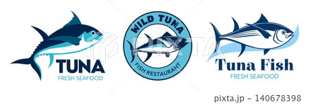 Tuna fish icons set with powerful swimming tuna in various poses. Minimalist blue and white seafood package badges of seafood market, fish packaging design and ocean product 140678398