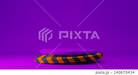 Halloween podium stage stand with a bold purple background and round platform. 3d vector base features black and orange chevron stripes, for seasonal spooky product display and , festive promotions 140678434