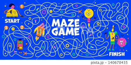Kids labyrinth maze game with funny robot droid cartoon characters guiding kids from start to finish through winding paths and gears, screws and bolts. Fun puzzle for play activity and problem solving 140678435