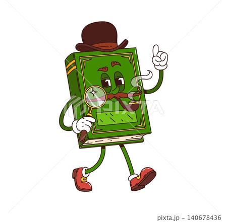 Cartoon groovy book character with friendly green cover, cheerful face, brown mustache, detective hat, magnifying glass and smoking pipe. Book mascot for library branding and school mascots 140678436