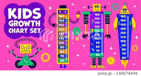 Kids height chart meter ruler with cartoon funny robot droids. Kids growth measuring scale with numbers, gears and smiling bot characters. Wall strip stickers for tracking height in home or classroom Kids height chart meter ruler with cartoon funny robot droids. Kids growth measuring scale with numbers, gears and smiling bot characters. Wall strip stickers for tracking height in home or classroom 140678449