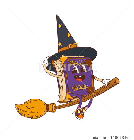 Cartoon groovy magic book Halloween character. Vector hippie retro y2k smiling wizard book personage in a witch hat with stars flying on broom. Funky fantasy 60s and 70s nostalgic fairytale grimoire 140678462
