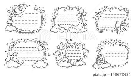 Kids memo notes frames with spaceships, stars and galaxy planets. Vector line space memo notes and paper stickers templates. Cute kids moon and stars, rocket and UFO outline notebook frames 140678484