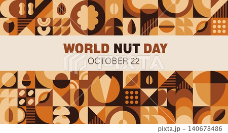 World Nut Day banner, modern geometric pattern with abstract shapes and warm brown tones, celebrating nuts harvest on October 22 with walnut, almond and cashew seed motifs arranged in mosaic grid World Nut Day banner, modern geometric pattern with abstract shapes and warm brown tones, celebrating nuts harvest on October 22 with walnut, almond and cashew seed motifs arranged in mosaic grid 140678486
