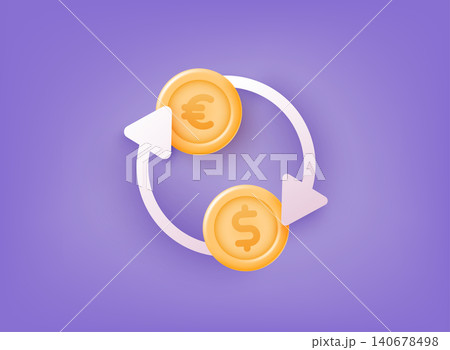 Currency exchange. Money conversion. Euro to dollar icon concept. 3D Web Vector Illustrations. Currency exchange. Money conversion. Euro to dollar icon concept. 3D Web Vector Illustrations. 140678498
