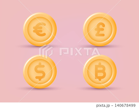 Set of icon coins. Currency exchange, finance and investment concept. 3D Web Vector Illustrations. Set of icon coins. Currency exchange, finance and investment concept. 3D Web Vector Illustrations. 140678499