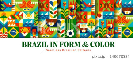 Brazil travel and vacation seamless patterns with geometric ornament. Vector Brazilian tile backgrounds with tropical animals, wildlife, coffee, soccer, sun and ocean waves, reflecting festive culture Brazil travel and vacation seamless patterns with geometric ornament. Vector Brazilian tile backgrounds with tropical animals, wildlife, coffee, soccer, sun and ocean waves, reflecting festive culture 140678584