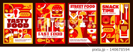 Fast food takeaway posters with geometric mosaic pattern. Vibrant vertical blocks with burger, hot dog, pizza, French fries and ice cream in grid layout. Flat posters of street food festival promotion Fast food takeaway posters with geometric mosaic pattern. Vibrant vertical blocks with burger, hot dog, pizza, French fries and ice cream in grid layout. Flat posters of street food festival promotion 140678594