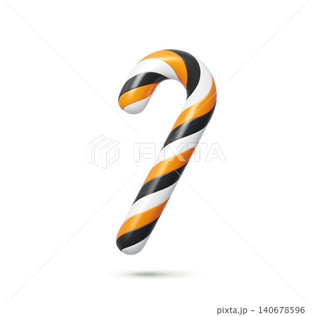 3d Halloween candy cane with twisted spiral shape and glossy surface. Vector Halloween holiday sweet sugar dessert in orange, black and white. Isolated realistic festive trick or treat festive snack 3d Halloween candy cane with twisted spiral shape and glossy surface. Vector Halloween holiday sweet sugar dessert in orange, black and white. Isolated realistic festive trick or treat festive snack 140678596