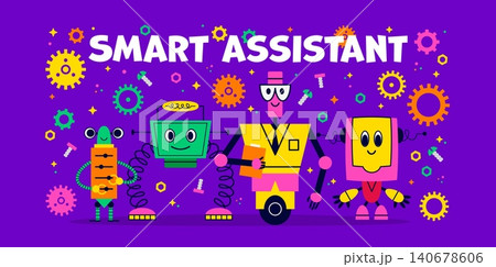 Smart assistant technology banner with funny robots and droids with smiling faces, springs and gears around. Technology characters, cute and funny bots, friendly personages for automation or education Smart assistant technology banner with funny robots and droids with smiling faces, springs and gears around. Technology characters, cute and funny bots, friendly personages for automation or education 140678606