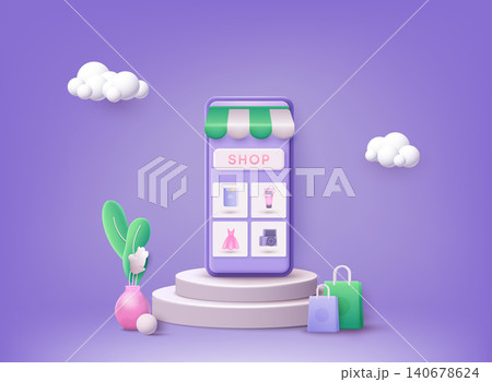 Online shopping on application and website concept, digital marketing online, shopping cart with new items on smartphone screen. 3D Web Vector Illustrations. Online shopping on application and website concept, digital marketing online, shopping cart with new items on smartphone screen. 3D Web Vector Illustrations. 140678624
