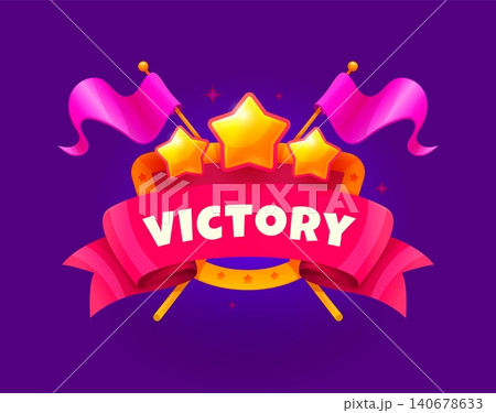 Victory award game icon or UI heraldic shield with golden stars and ribbon for winner badge. Victory game icon for GUI element with cartoon pink pennant flags and win score stars for game popup banner 140678633