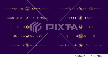 Celestial dividers and separators or border frames with mystic esoteric magic symbols. Golden dividers and border arrows with astrology celestial signs of sun, moon and stars for esoteric frames Celestial dividers and separators or border frames with mystic esoteric magic symbols. Golden dividers and border arrows with astrology celestial signs of sun, moon and stars for esoteric frames 140678635