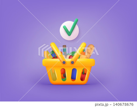 Shopping carts with foods. Food basket. 3D Web Vector Illustrations. 140678676