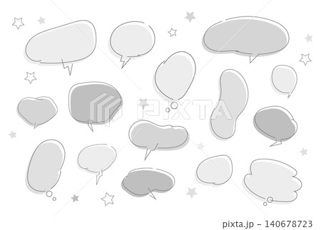 手書き風のシンプルなモノトーン吹き出しセット。ゆるい手描きコメントバルーンのグレー素材 手書き風のシンプルなモノトーン吹き出しセット。ゆるい手描きコメントバルーンのグレー素材 140678723