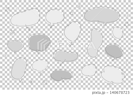 手書き風のシンプルなモノトーン吹き出しセット。ゆるい手描きコメントバルーンのグレー素材 手書き風のシンプルなモノトーン吹き出しセット。ゆるい手描きコメントバルーンのグレー素材 140678723