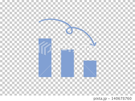A set of illustrations (blue) featuring a downward-sloping bar graph and a hand-drawn, curving arrow. A set of illustrations (blue) featuring a downward-sloping bar graph and a hand-drawn, curving arrow. 140678760
