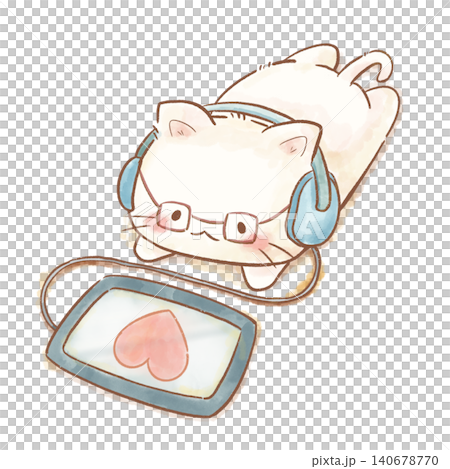 A cute white cat illustration in watercolor style wearing headphones and glasses while looking at a tablet. Perfect for staying at home. A cute white cat illustration in watercolor style wearing headphones and glasses while looking at a tablet. Perfect for staying at home. 140678770