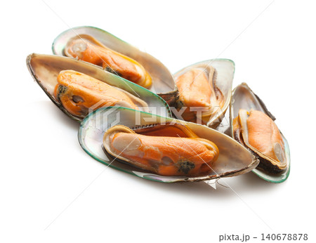 Green shell mussels on white background Green shell mussels on white background 140678878