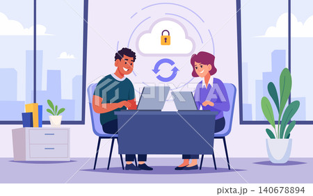 Cloud Backup. Vector background showing people working with cloud services security systems and data transfer tools exact illustration 140678894