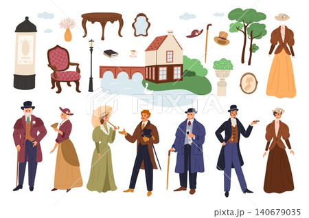 Accessories of men and women. European fashion. Gentleman or lady outfit. Aristocrats in Victorian attire. 19th century apparel. Couple walk in park. Old furniture. Vintage items vector set 140679035