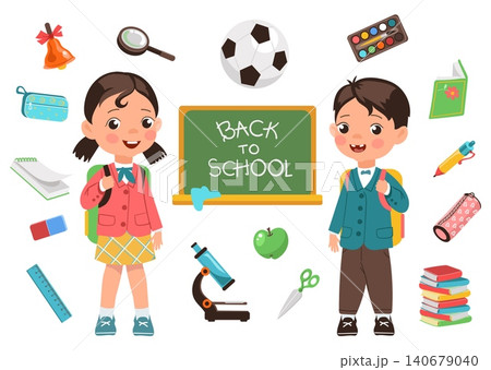 Back to school themed elements. Cute schoolboys and schoolgirls in uniforms with backpacks. Cartoon style learning supplies. Classroom blackboard. Pupils studying. Educational vector set 140679040