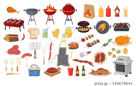 Barbecue party essentials. Grilled meat. Barbeque picnic. Outdoor cooking ingredients. Sausages and steaks. Vegetable pieces. Sauce ketchup. Fish preparation. BBQ isolated elements set Barbecue party essentials. Grilled meat. Barbeque picnic. Outdoor cooking ingredients. Sausages and steaks. Vegetable pieces. Sauce ketchup. Fish preparation. BBQ isolated elements set 140679042