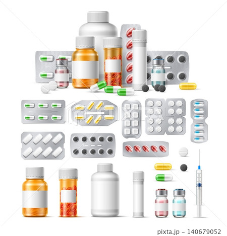 Realistic medications. Foil blister packs. Plastic bottles group. 3D glass vials of medication. Medical pills. Syringe and ampoule. Various packaging mockup. Vector remedy packages set Realistic medications. Foil blister packs. Plastic bottles group. 3D glass vials of medication. Medical pills. Syringe and ampoule. Various packaging mockup. Vector remedy packages set 140679052