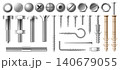 Realistic metal bolts. Steel nuts. Different types of screws or nails. 3D fasteners. Hexagonal metallic caps. Insulated chrome plated fastenings. Build and repair fixing tools vector set 140679055