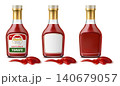 Realistic model ketchup bottle. Clear glass container for tomato sauce with blank label and design. Food dressing for canned vegetables. Squeezed salsa splashes. Vector package mockups set 140679057