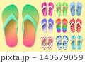Realistic model of colorful flip flops. 3D model of pool rubber shoes. Patterned pair sandals. Summer beach print. Bathing footgear top view. Bathroom footwear accessories vector set 140679059
