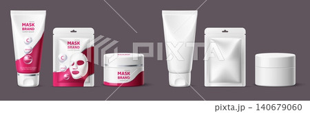 Realistic packaging design for facial masks. Face skincare products and consistent style across various container types jars. Moisturizer tubes and pouches. Vector blank packages set Realistic packaging design for facial masks. Face skincare products and consistent style across various container types jars. Moisturizer tubes and pouches. Vector blank packages set 140679060
