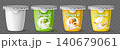 Realistic packaging design for yogurt. Plastic containers for fruit flavored dairy desserts. Natural Greek products with banana, peach, and green apple tastes. Vector cream packaging set 140679061