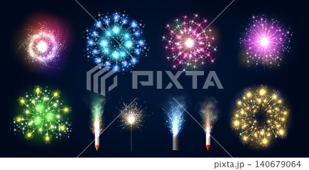 Realistic pyrotechnic effects. Various types of festive fireworks. Celebratory explosions and Roman candles. Bengal light. Rockets and sparkling fountains. Vector firecracker flashes set 140679064
