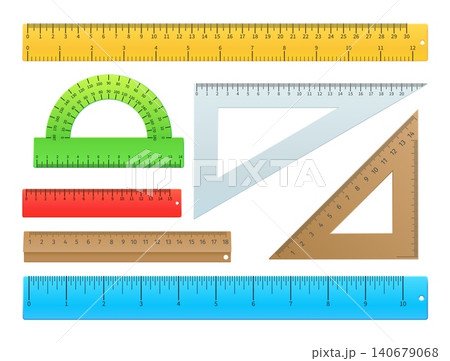 Realistic rulers. Various school supplies. Measuring length and angles. Units of measurement. Centimeter and millimeter scale. Straight lines. Protractor and square. Vector stationeries set 140679068