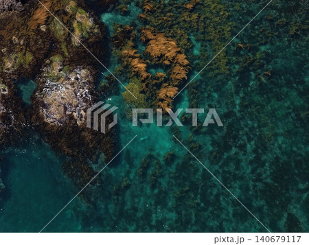 焼尻島沿岸の磯と海藻・透明な海を俯瞰した空撮写真 140679117