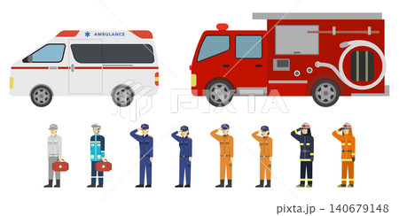 フラットイラスト:救急車 消防車と救急救命士 消防士のセット フラットイラスト:救急車 消防車と救急救命士 消防士のセット 140679148