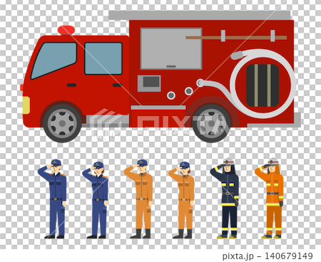 扁平化插圖:消防車和消防車套裝 扁平化插圖:消防車和消防車套裝 140679149