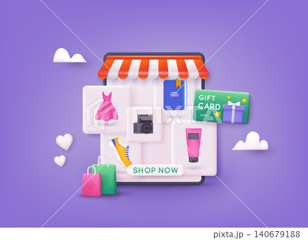 Online shopping on application and website concept, digital marketing online, shopping cart with new items on smartphone screen. 3D Web Vector Illustrations. Online shopping on application and website concept, digital marketing online, shopping cart with new items on smartphone screen. 3D Web Vector Illustrations. 140679188