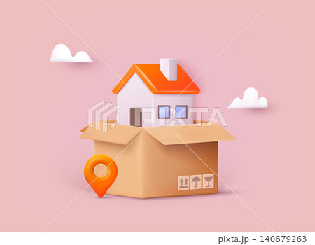 Moving and relocation concept. House in box. 3D Web Vector Illustrations. 140679263