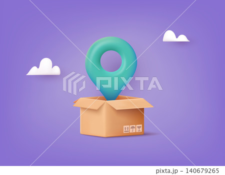 Cardboard delivery box with location pin. Order or parcel tracking. Navigation point. 3D Web Vector Illustrations. 140679265
