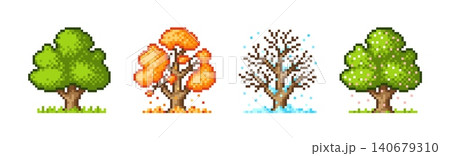 Seasonal tree pixel art. Trees in seasons, summer autumn winter and spring. 8-bit arcade game elements. Plant with green yellow foliage, tidy vector set 140679310