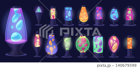 Retro funky lava lamp. Floating colorful magma shapes in different lamps simple design. Decorative home interior accessories, cartoon nowaday vector set 140679399