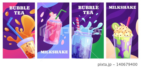 Milk bubble tea posters. Simple basic drink menu design for cafe. Seasonal milk boba tea and milkshakes with juices. Beverages nowaday vector card templates 140679400