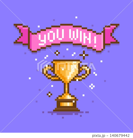 Pixel winner background. Arcade retro game banner with golden goblet, you win ribbon and confetti. 8 bit style graphic design, pixelated tidy vector poster 140679442