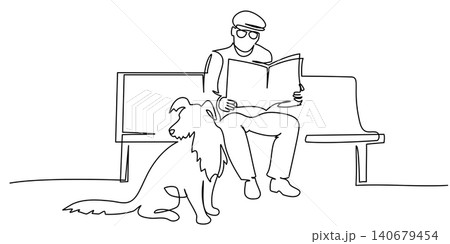 continuous single line drawing of man on bench reading a newspaper, line art vector illustration continuous single line drawing of man on bench reading a newspaper, line art vector illustration 140679454
