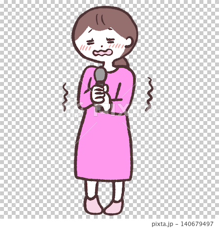 An illustration of a woman holding a microphone and looking nervous. An illustration of a woman holding a microphone and looking nervous. 140679497